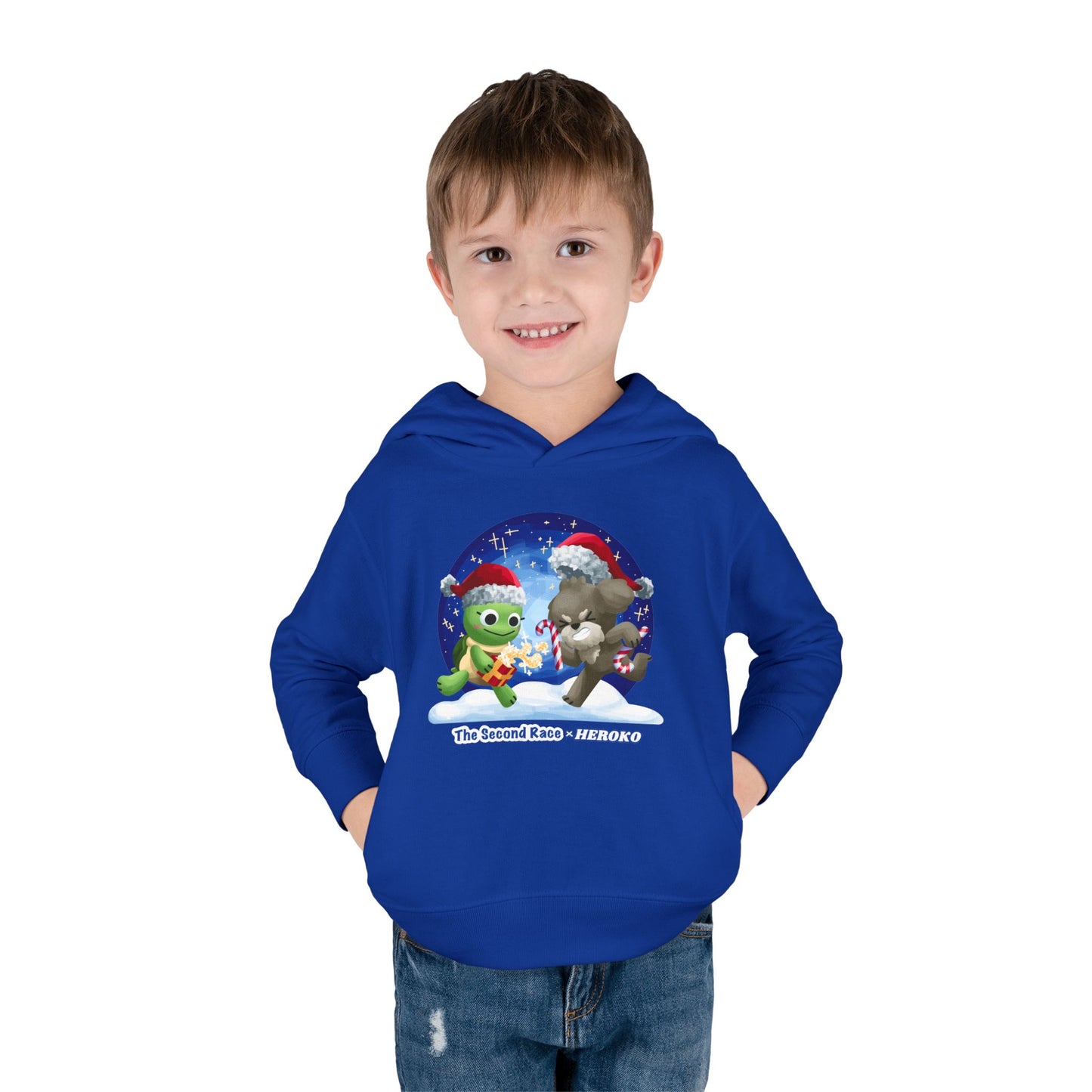 Toddler Pullover Hoodie - The Second Race: Turtle and Puppy Snow Globe Christmas Design