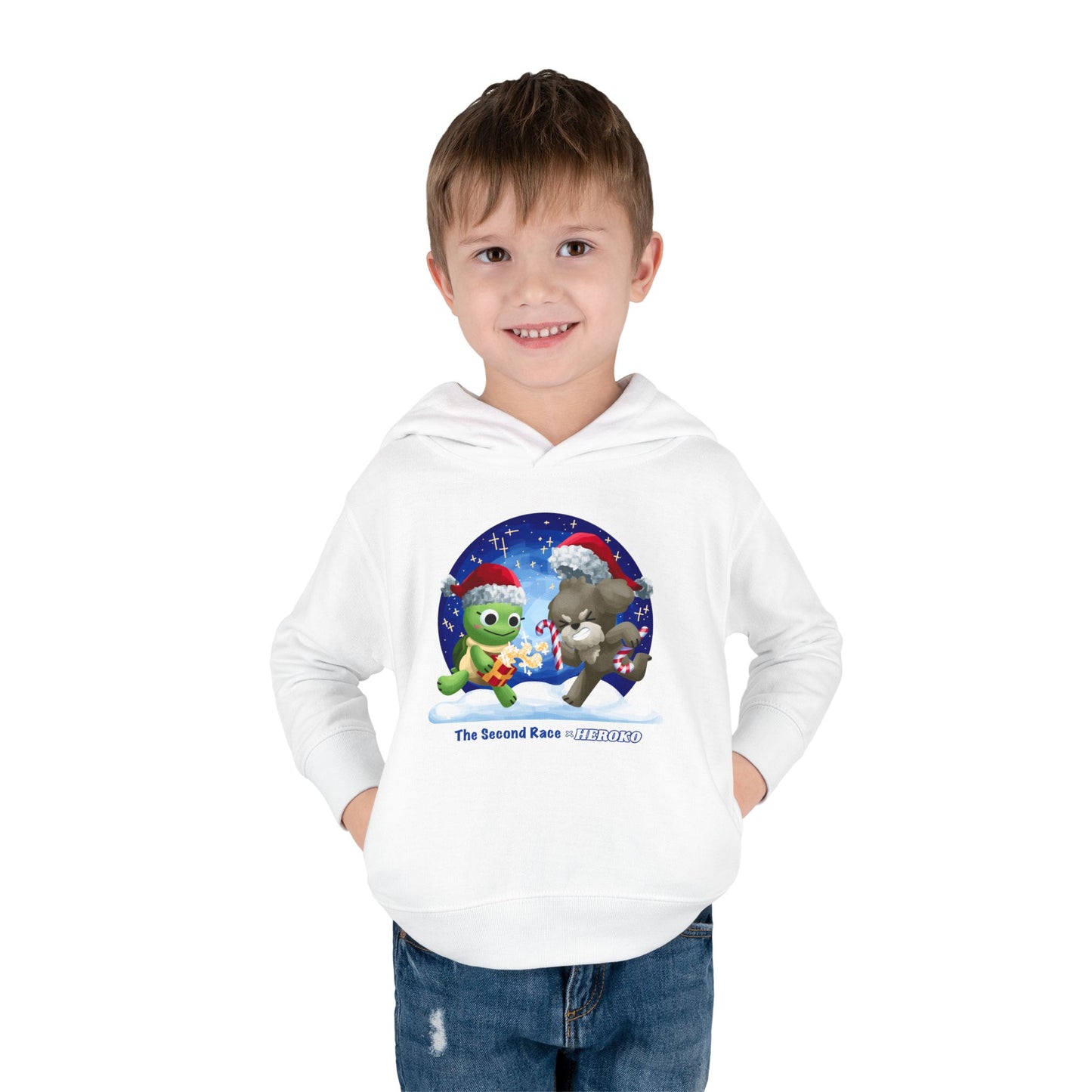 Toddler Pullover Hoodie - The Second Race: Turtle and Puppy Snow Globe Christmas Design