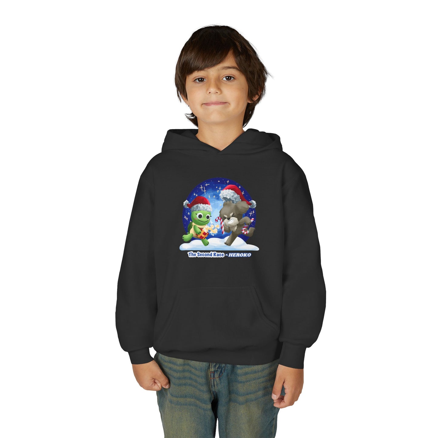 Kids Holiday Hoodie — Cute Christmas Turtle and Puppy Friends "The Second Race"