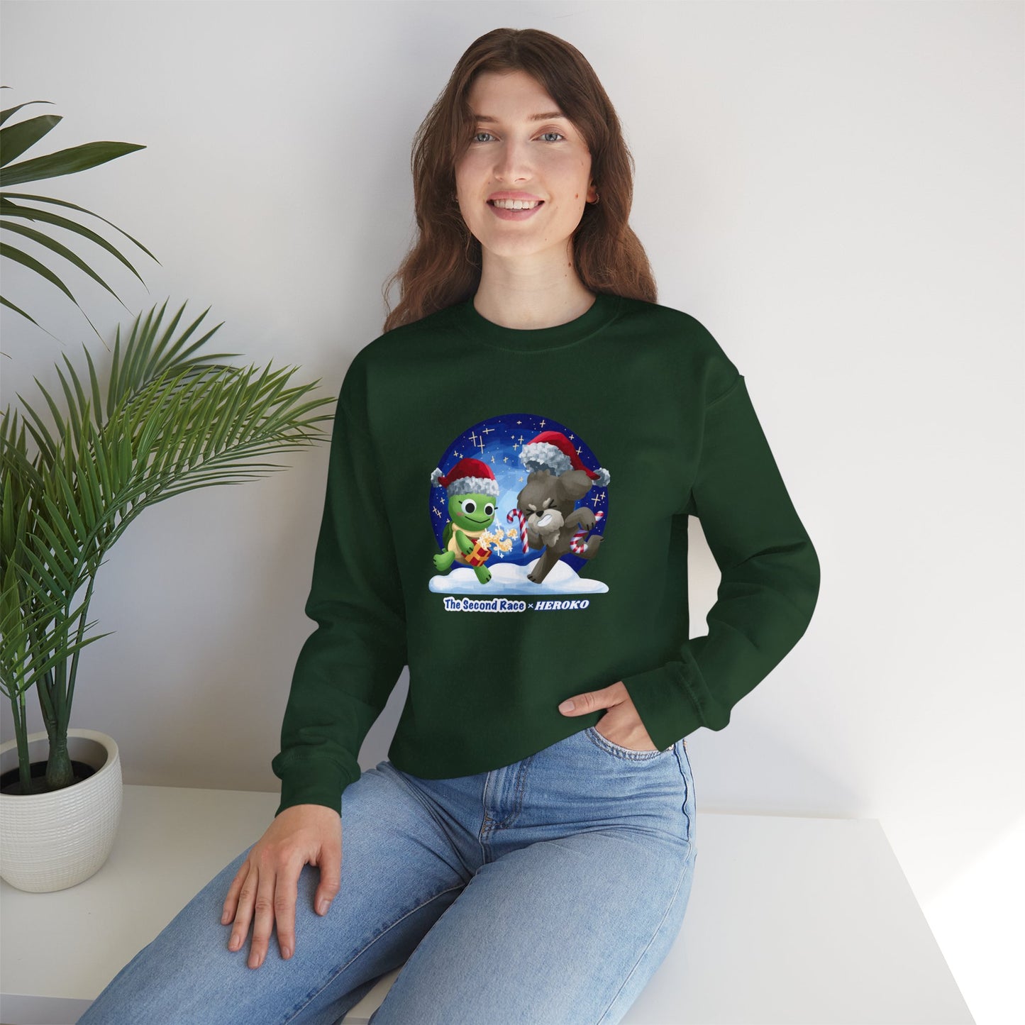 Adults Holiday Crewneck Sweatshirt — Festive Friends "The Second Race" Snow Globe Design