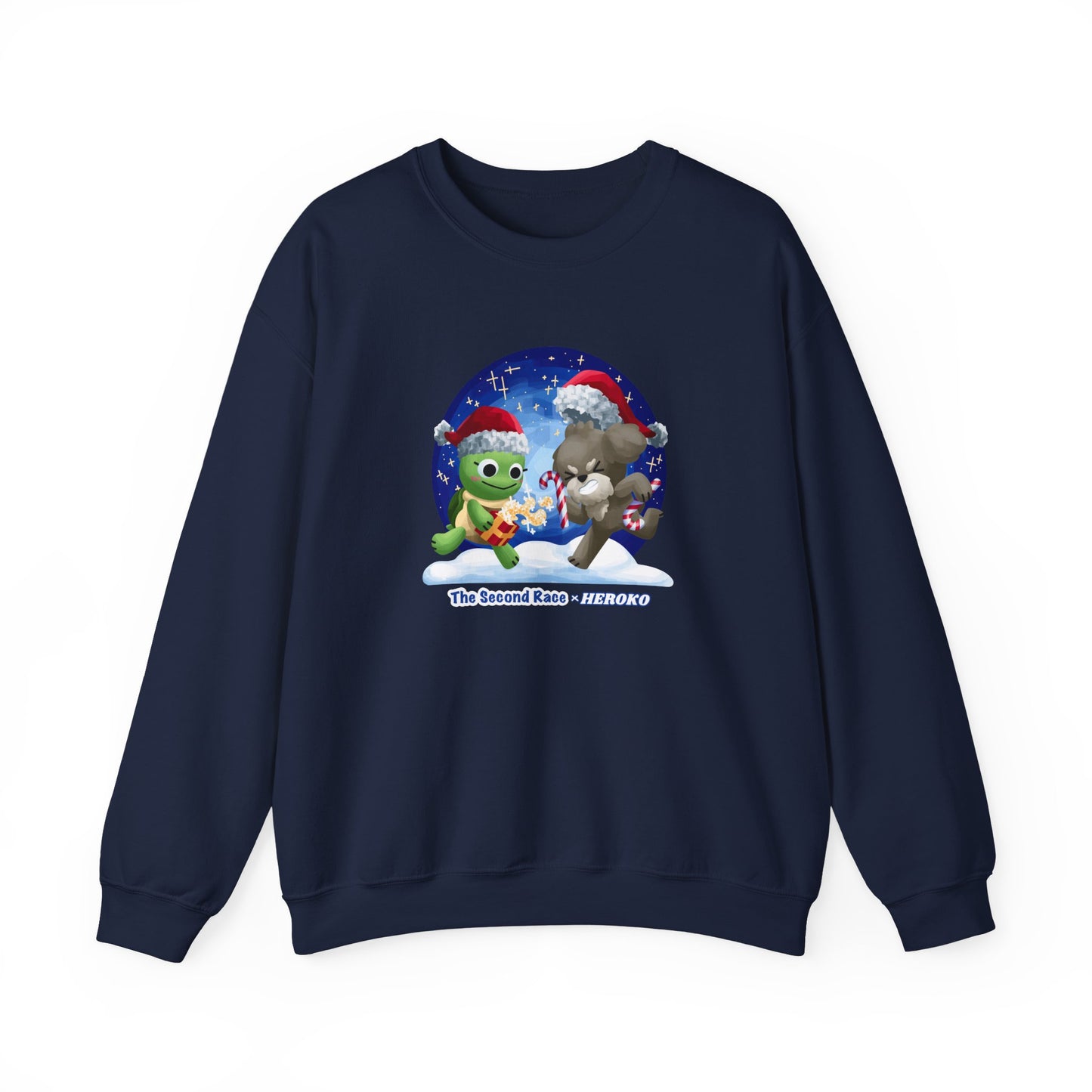 Adults Holiday Crewneck Sweatshirt — Festive Friends "The Second Race" Snow Globe Design