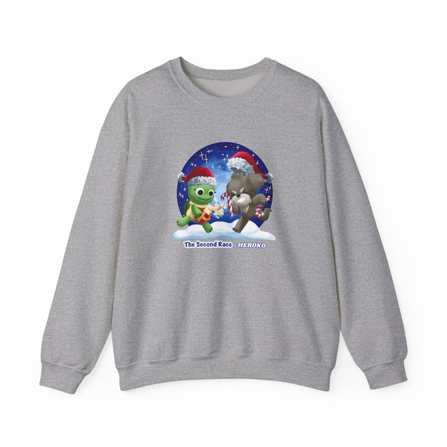 Adults Holiday Crewneck Sweatshirt — Festive Friends "The Second Race" Snow Globe Design