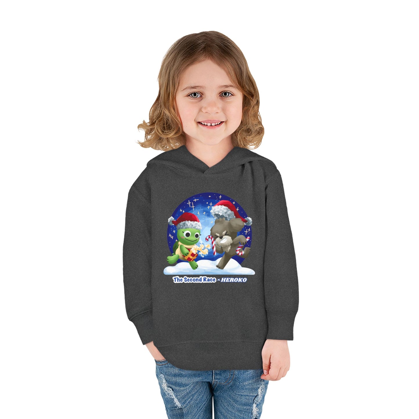 Toddler Pullover Hoodie - The Second Race: Turtle and Puppy Snow Globe Christmas Design