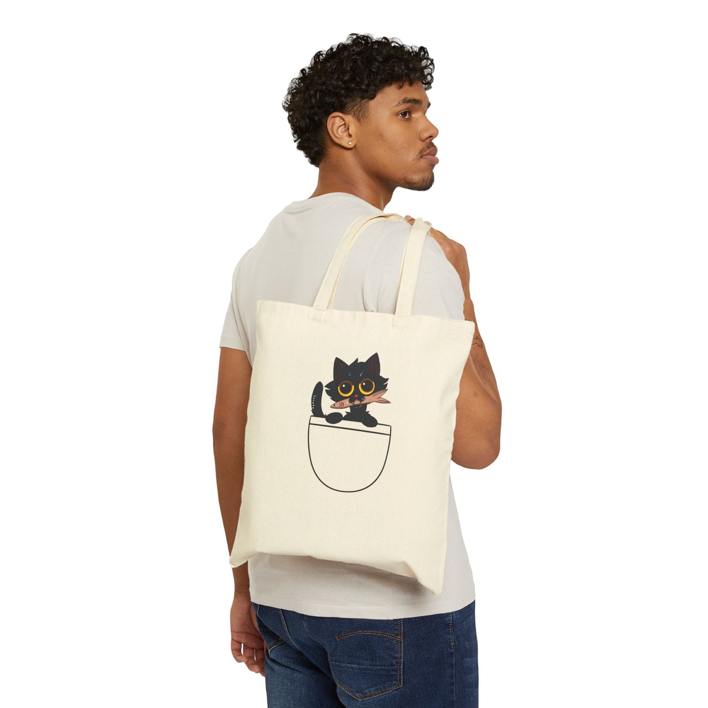 BLACK CAT IN A POCKET Cotton Canvas Tote Bag