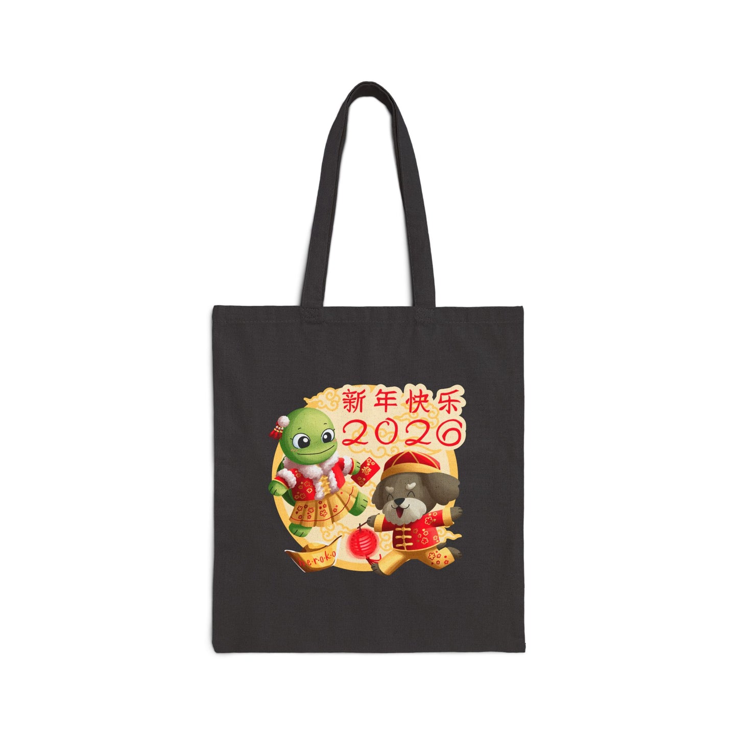 Canvas Tote Bag - Turtle and Dog in Lunar New Year Outfits Design