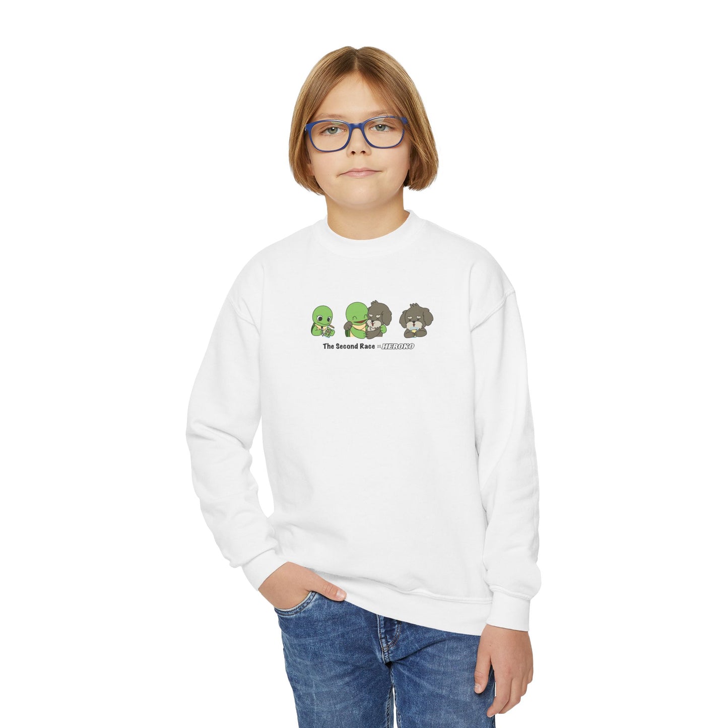 Kids Crewneck Sweatshirt — The Second Race: Turtle and Puppy