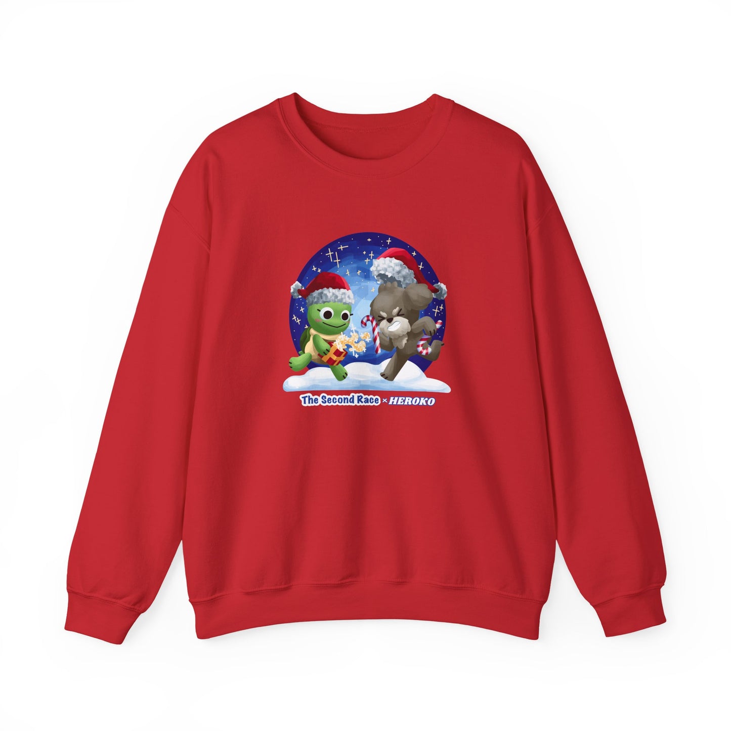 Adults Holiday Crewneck Sweatshirt — Festive Friends "The Second Race" Snow Globe Design