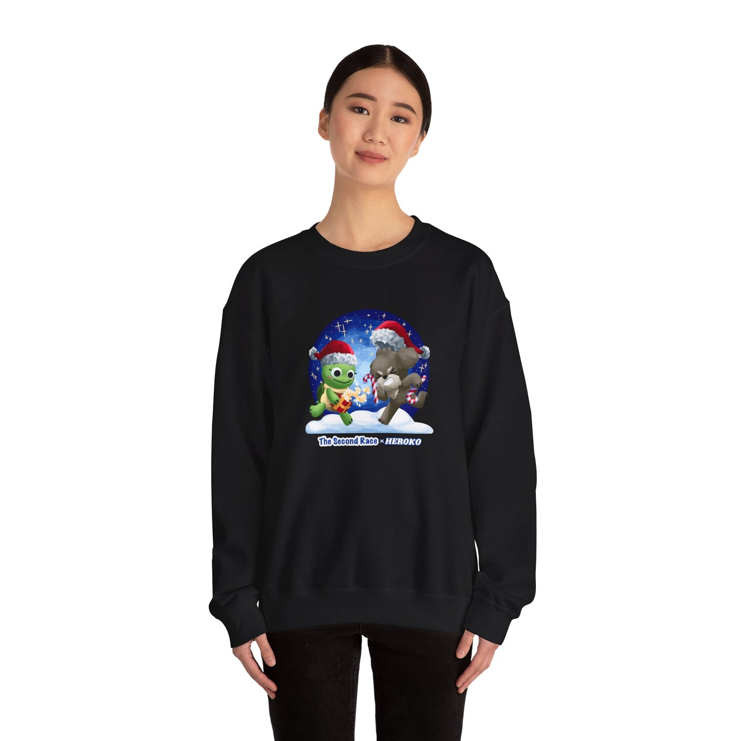 Adults Holiday Crewneck Sweatshirt — Festive Friends "The Second Race" Snow Globe Design