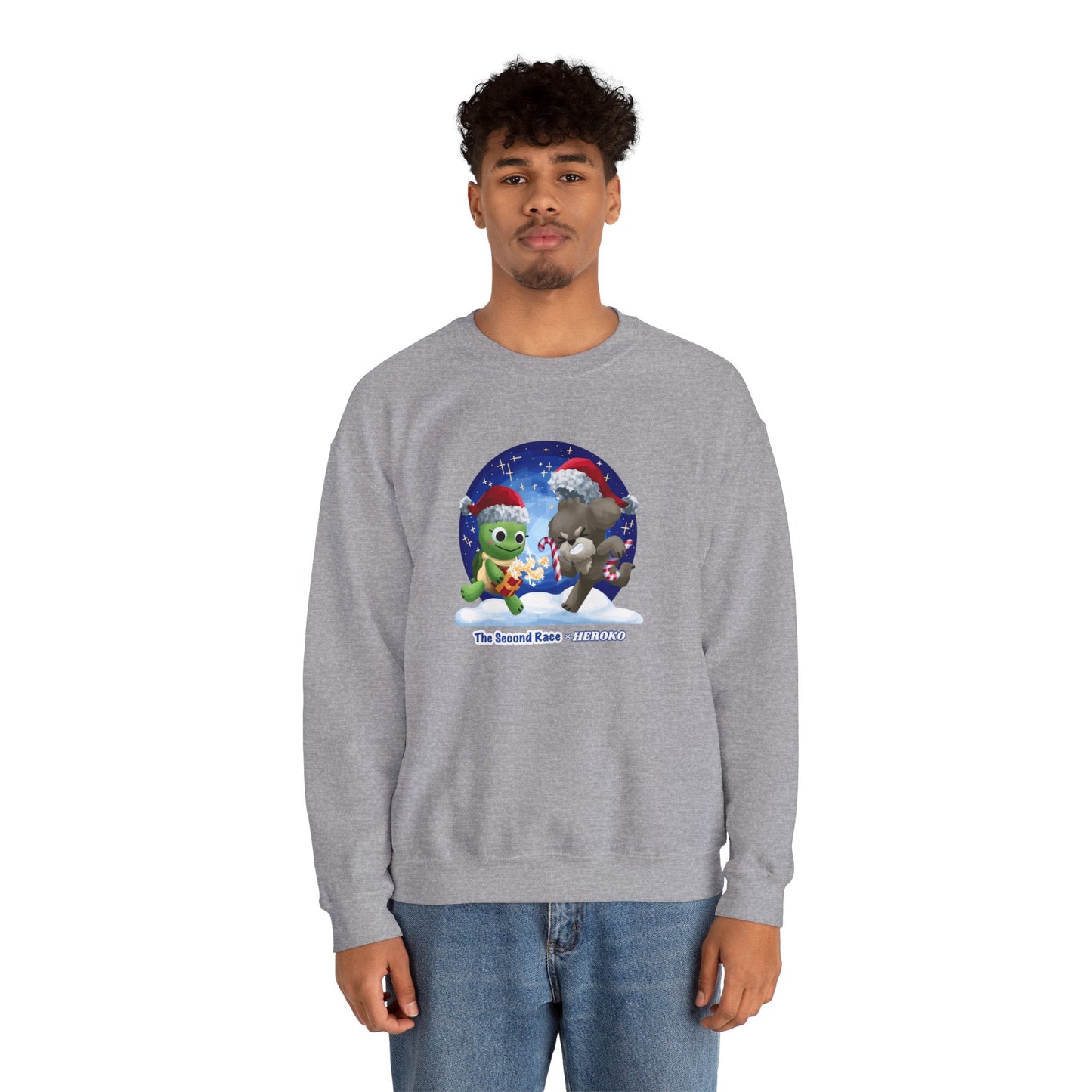 Adults Holiday Crewneck Sweatshirt — Festive Friends "The Second Race" Snow Globe Design