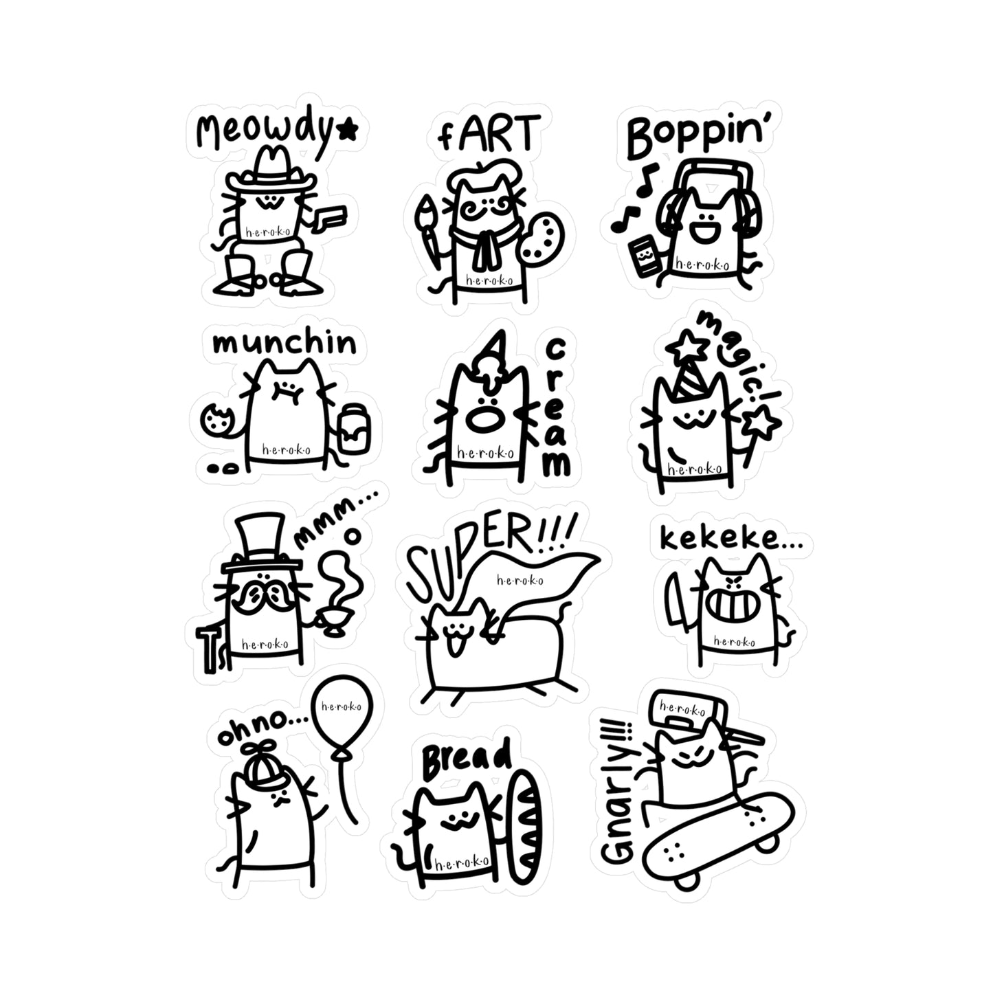 12 STICKERS -CATS OUTLINES IN B&W SET#1 Kiss-Cut Vinyl Decals - COMBO DESIGNS