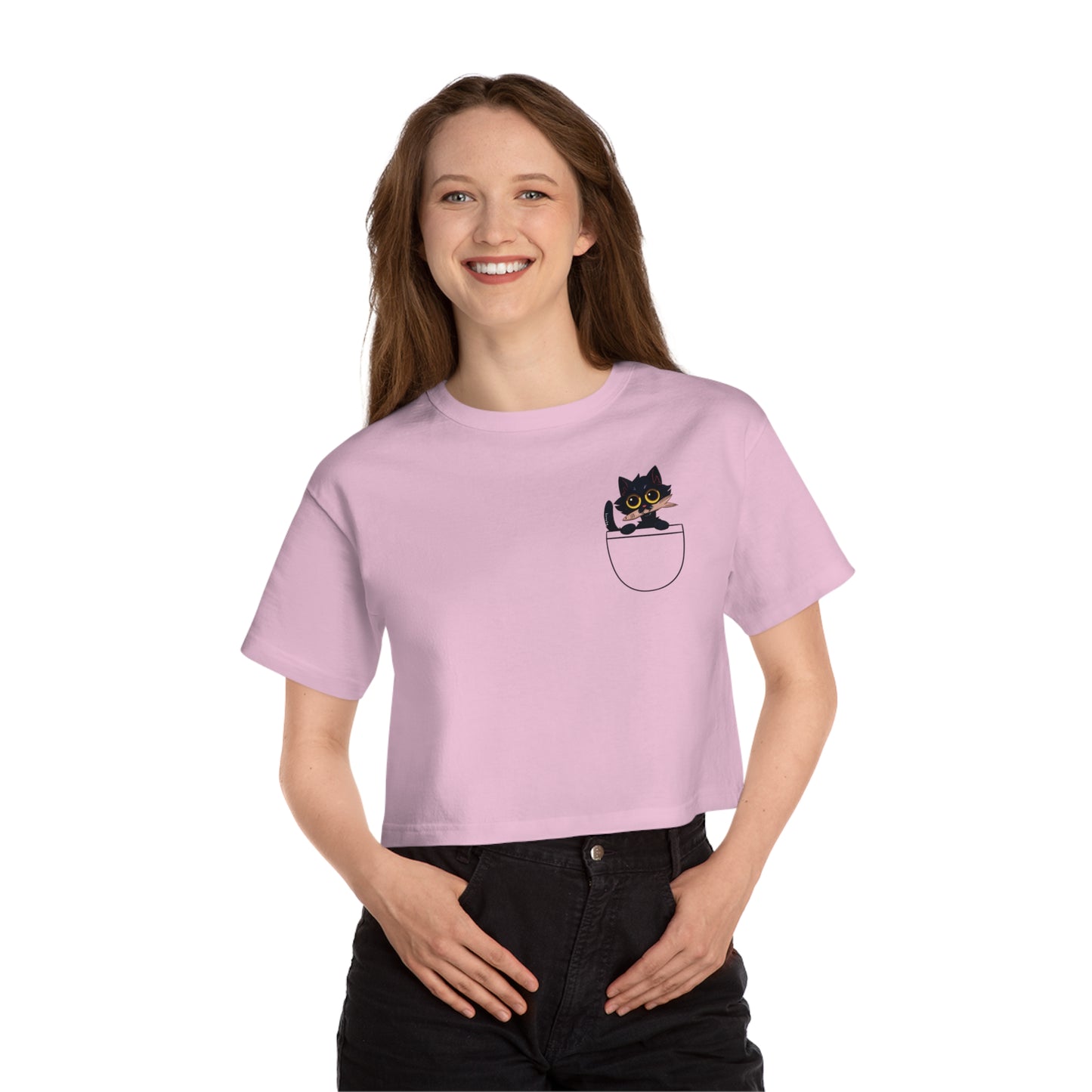 Women's Champion BLACK CAT W/FISH Cropped T-Shirt