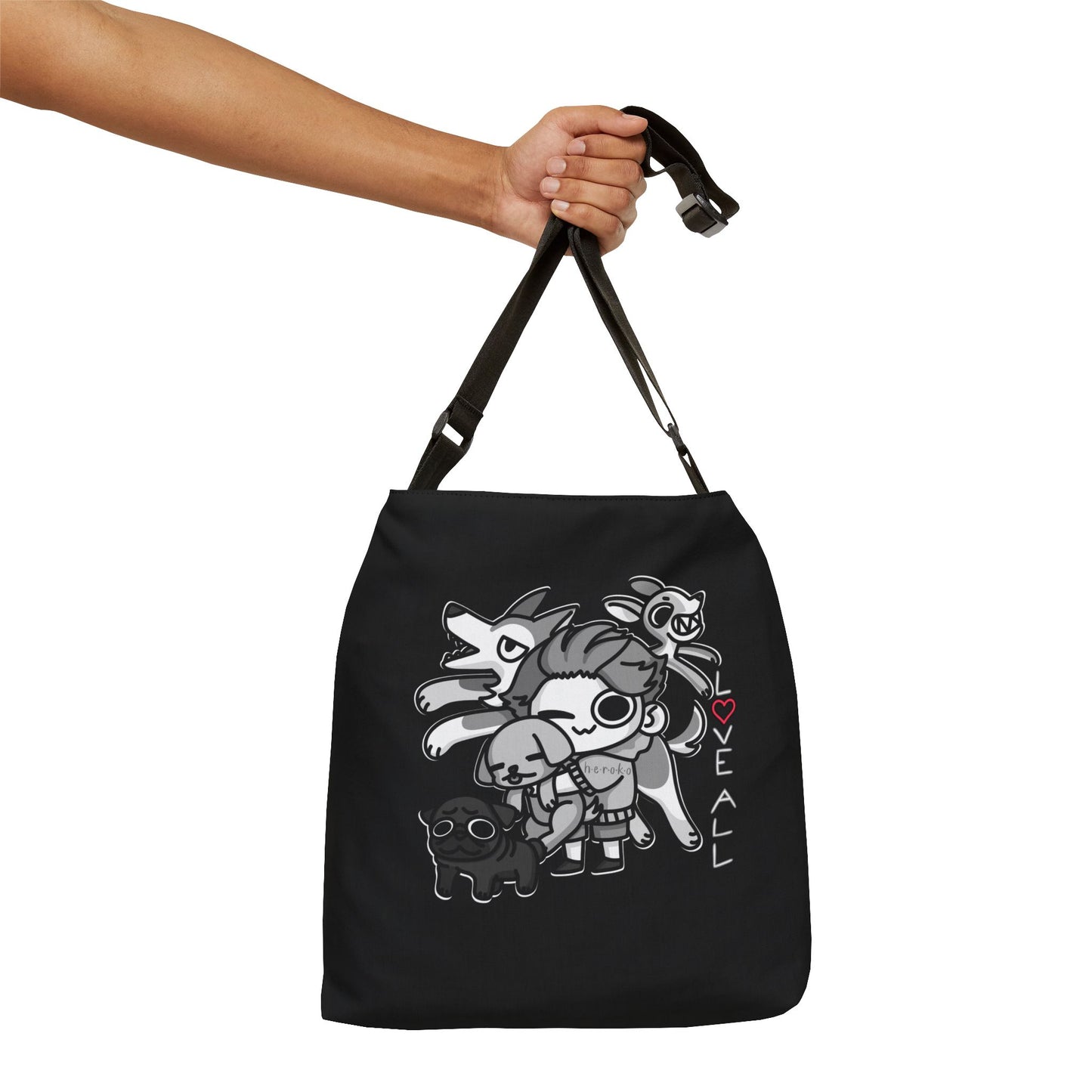 BLACK LOVE ALL DOGS Adjustable Tote Bag