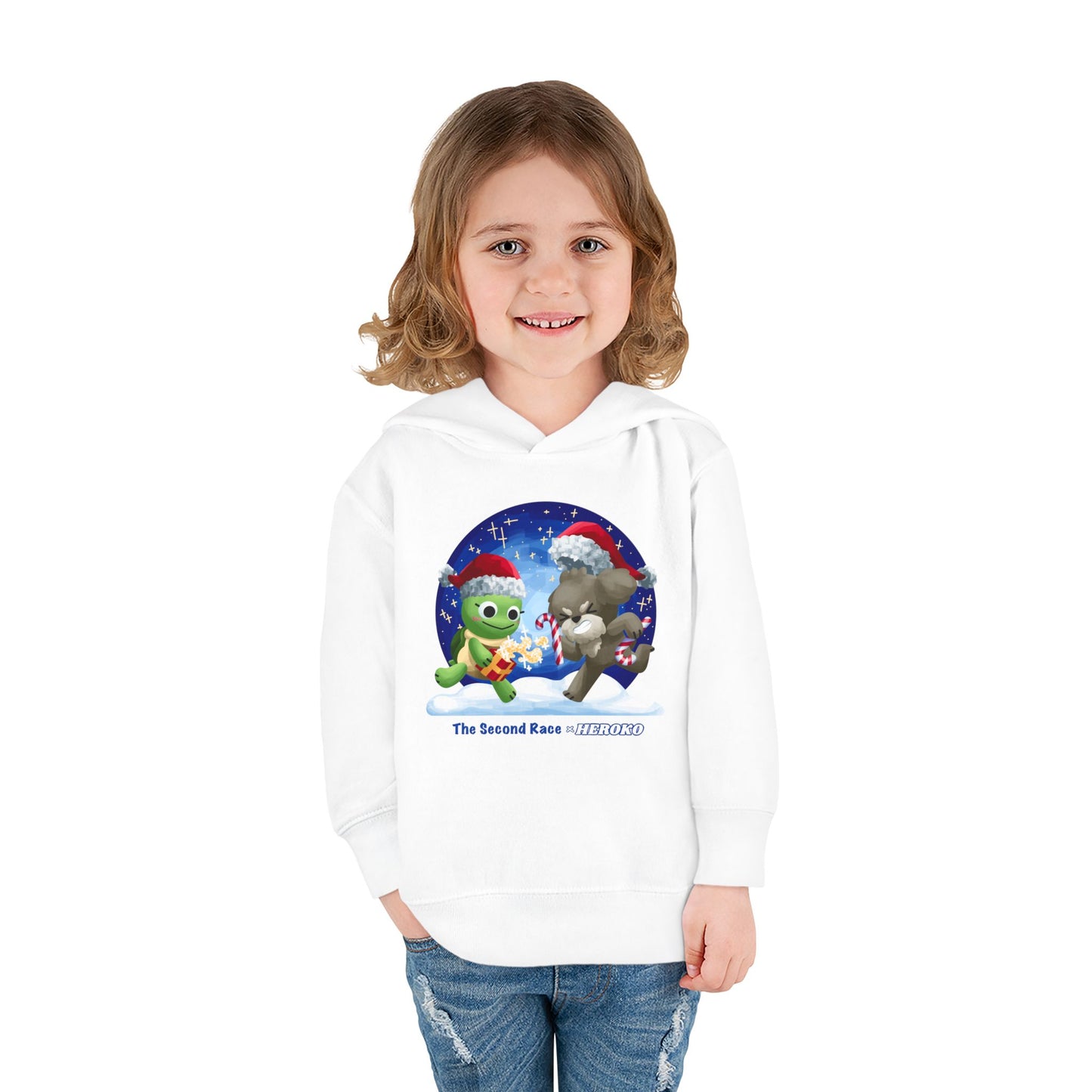 Toddler Pullover Hoodie - The Second Race: Turtle and Puppy Snow Globe Christmas Design