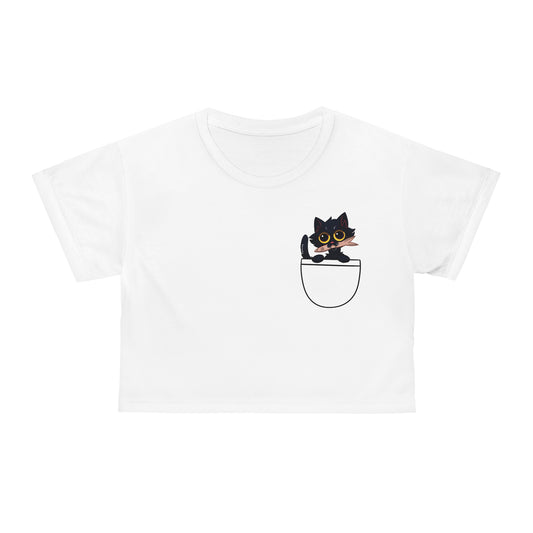 Women's BLACK CAT W/FISH White Crop Tee