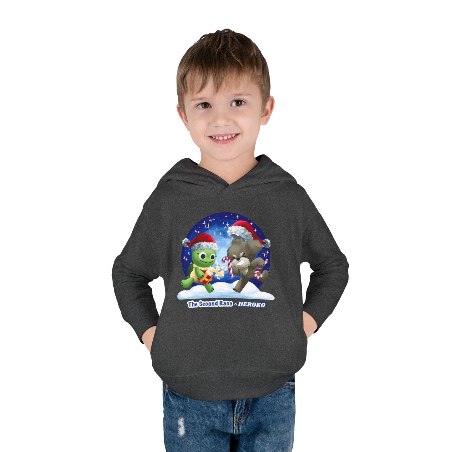 Toddler Pullover Hoodie - The Second Race: Turtle and Puppy Snow Globe Christmas Design