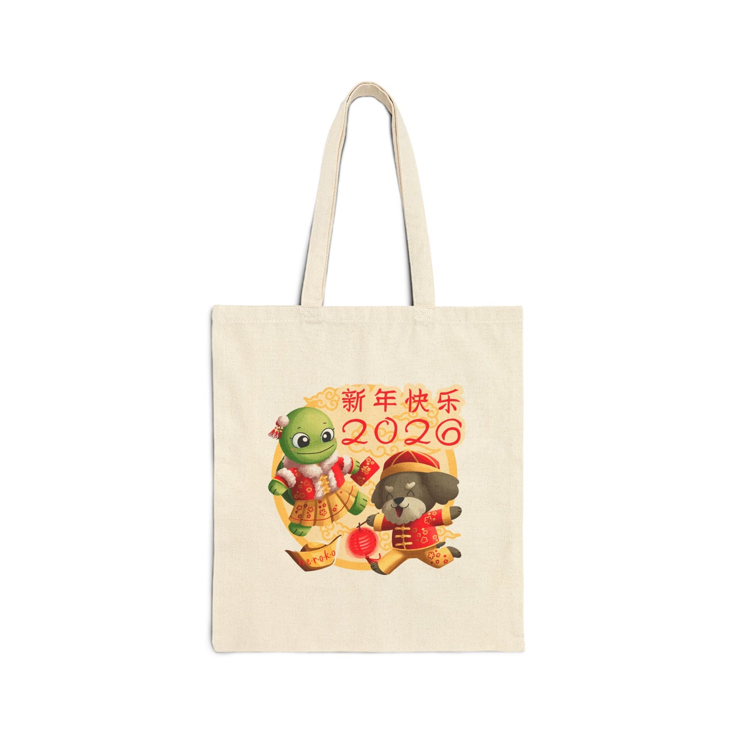 Canvas Tote Bag - Turtle and Dog in Lunar New Year Outfits Design
