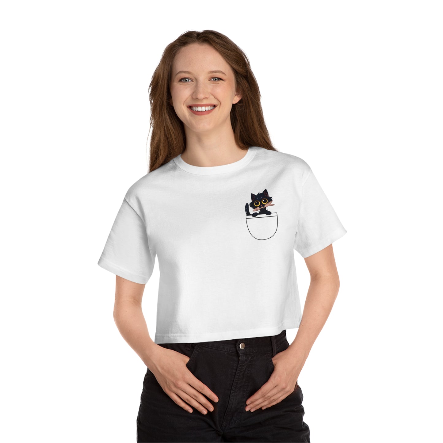 Women's Champion BLACK CAT W/FISH Cropped T-Shirt