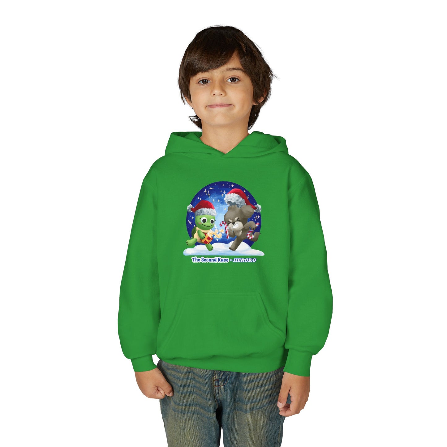 Kids Holiday Hoodie — Cute Christmas Turtle and Puppy Friends "The Second Race"