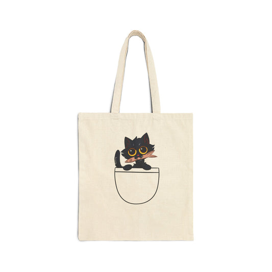 BLACK CAT IN A POCKET Cotton Canvas Tote Bag