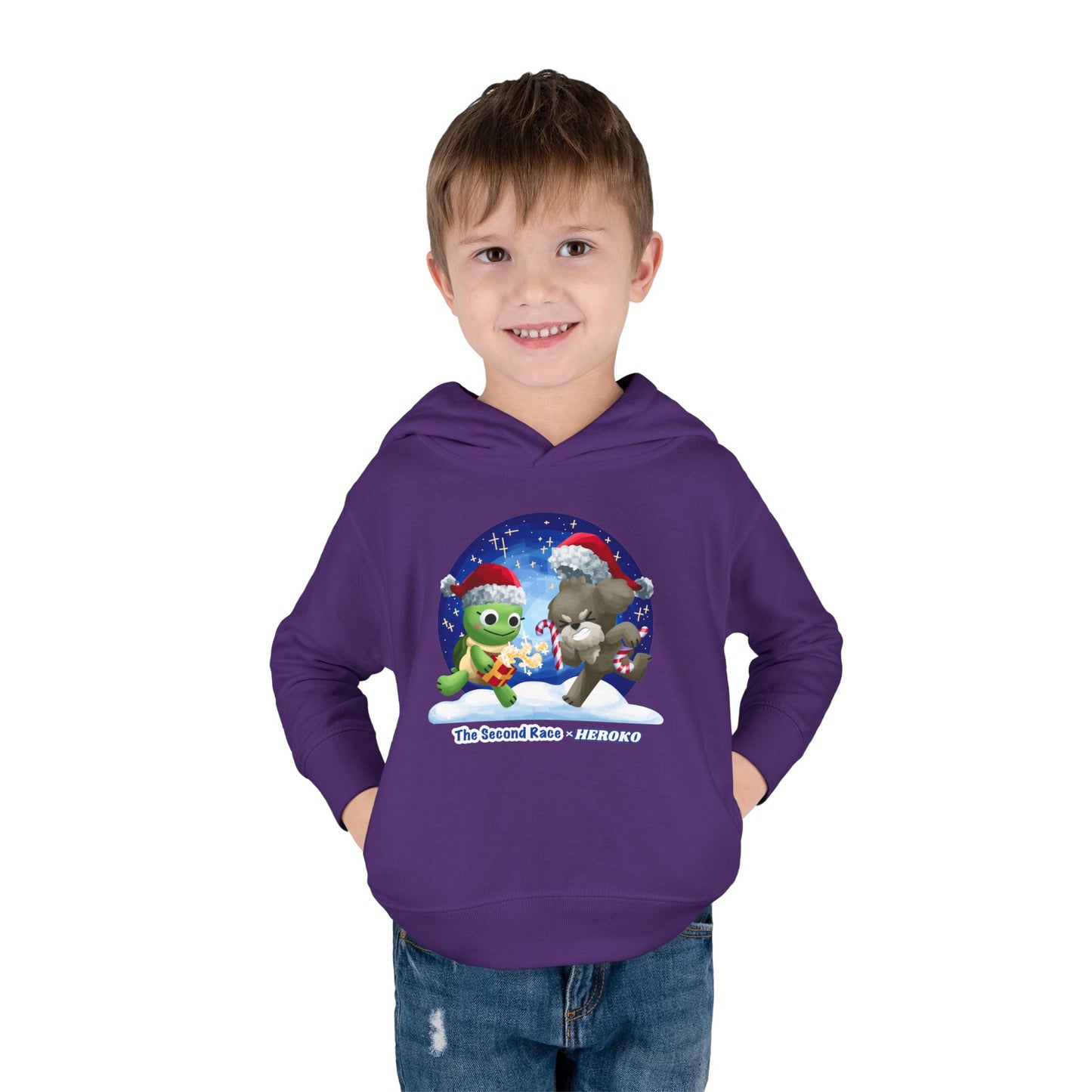 Toddler Pullover Hoodie - The Second Race: Turtle and Puppy Snow Globe Christmas Design