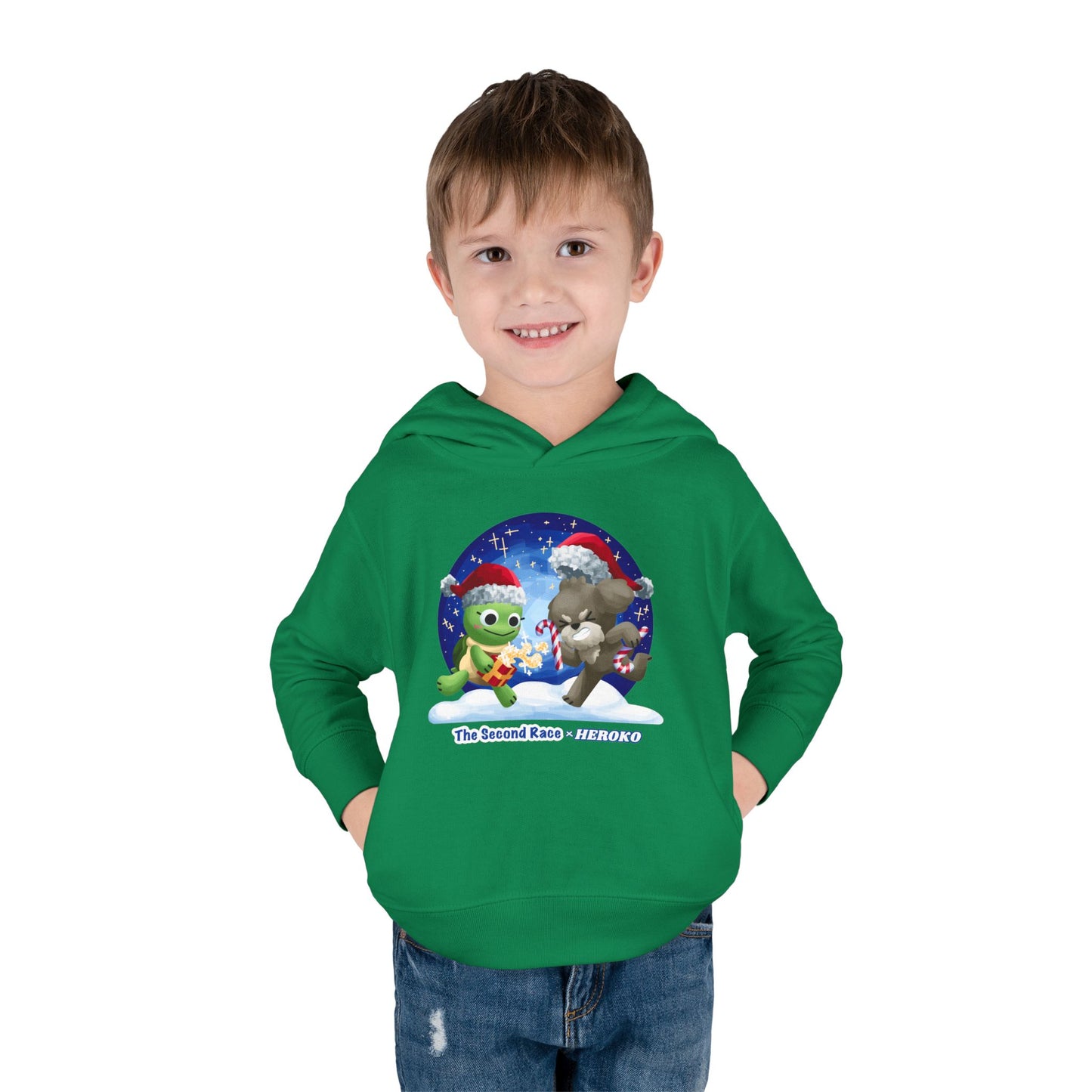 Toddler Pullover Hoodie - The Second Race: Turtle and Puppy Snow Globe Christmas Design