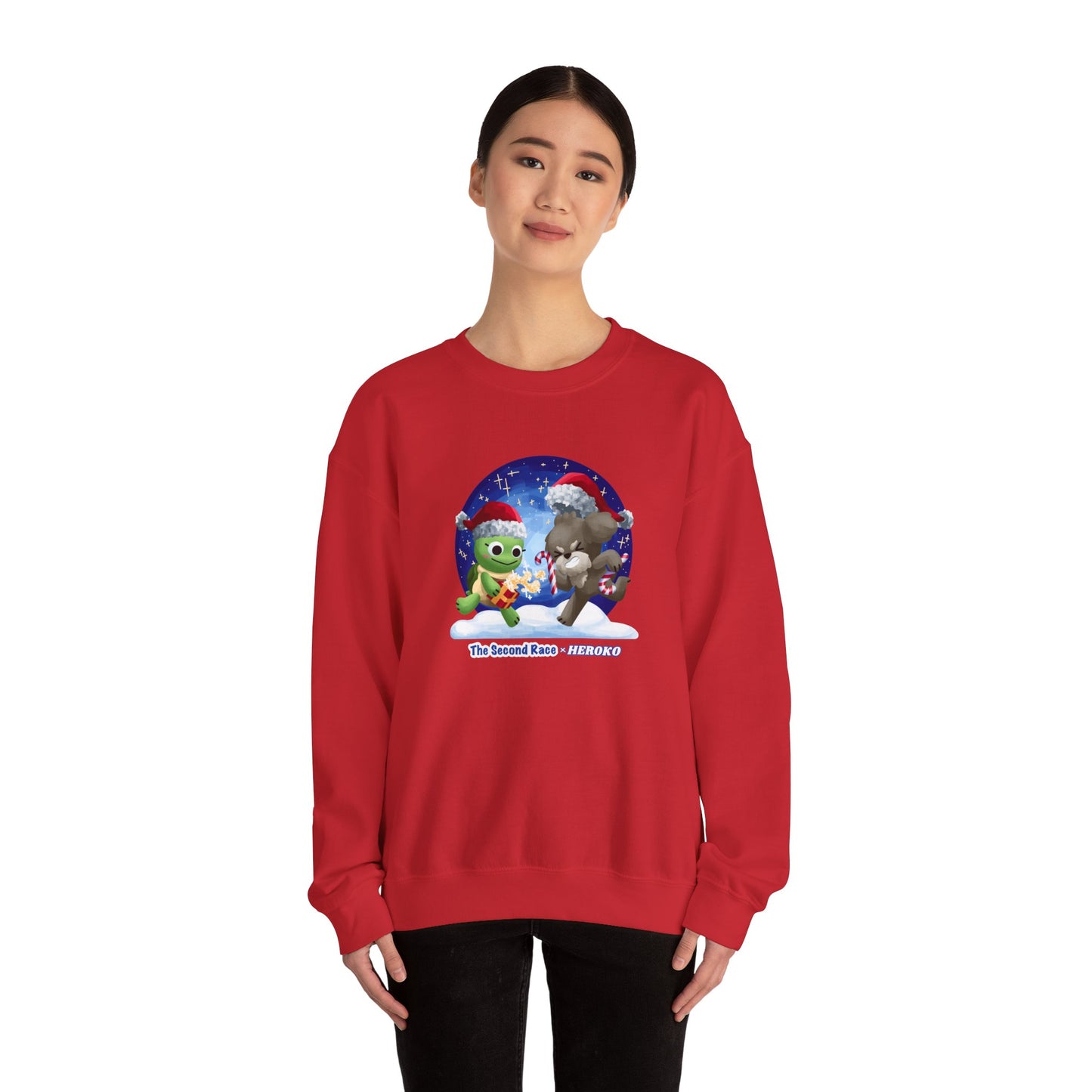 Adults Holiday Crewneck Sweatshirt — Festive Friends "The Second Race" Snow Globe Design