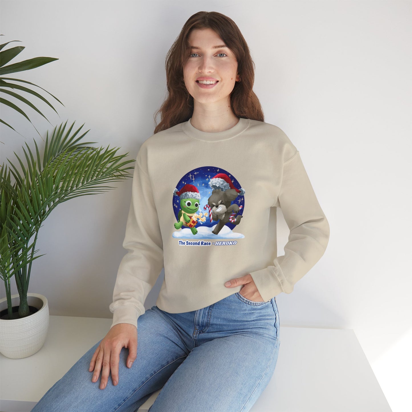 Adults Holiday Crewneck Sweatshirt — Festive Friends "The Second Race" Snow Globe Design