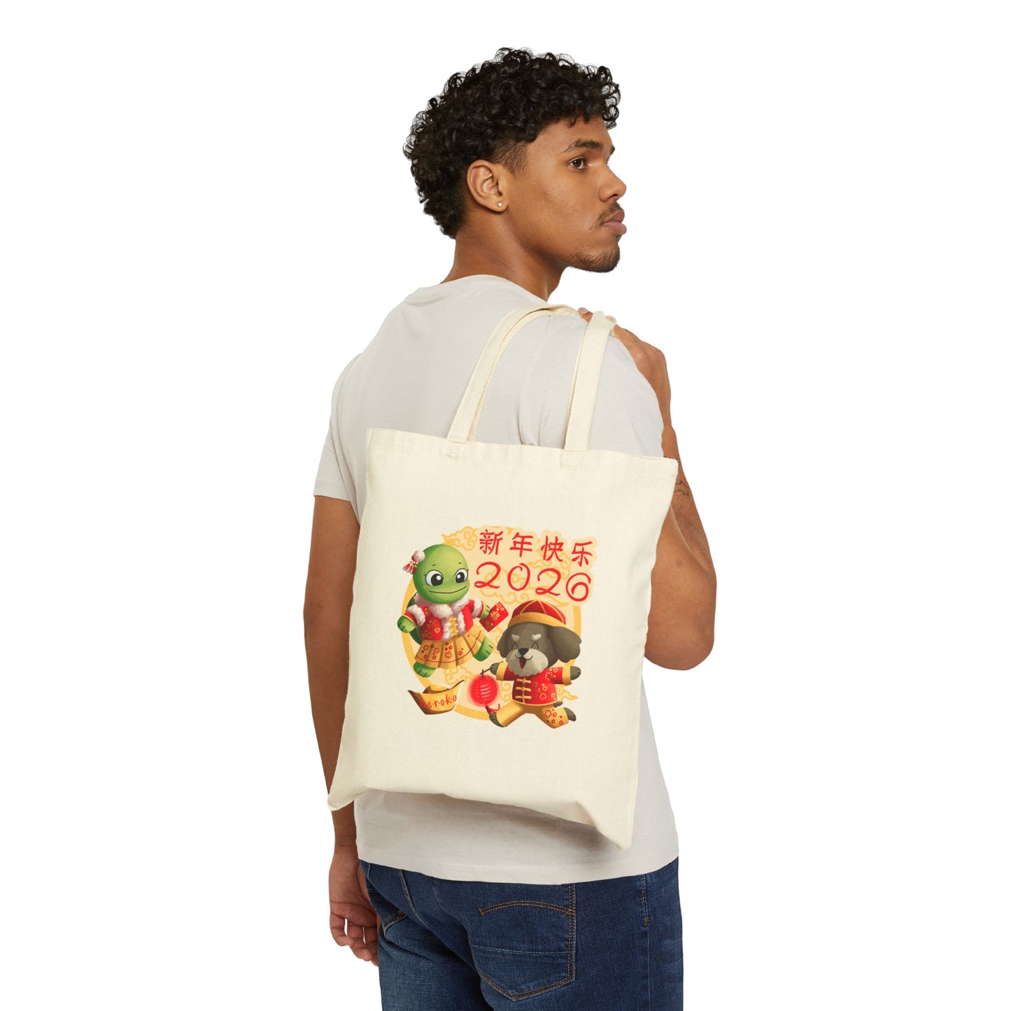 Canvas Tote Bag - Turtle and Dog in Lunar New Year Outfits Design