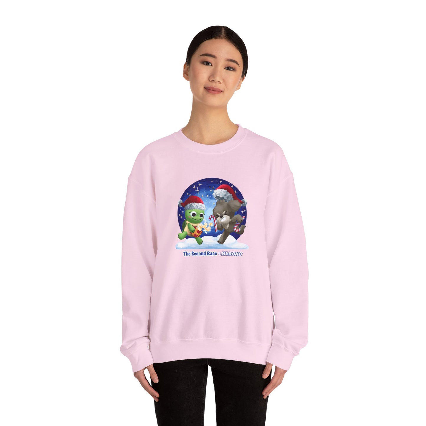 Adults Holiday Crewneck Sweatshirt — Festive Friends "The Second Race" Snow Globe Design