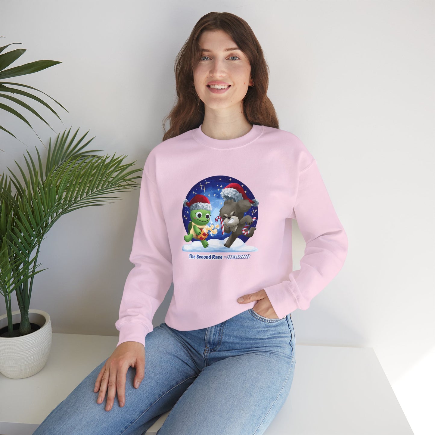 Adults Holiday Crewneck Sweatshirt — Festive Friends "The Second Race" Snow Globe Design