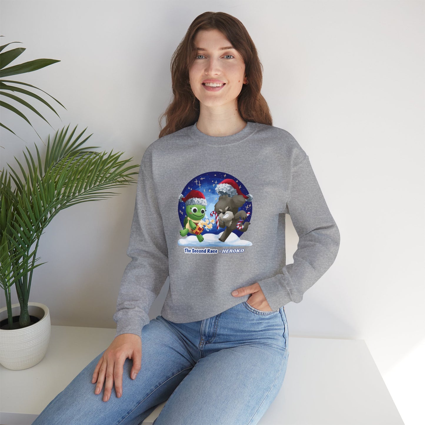Adults Holiday Crewneck Sweatshirt — Festive Friends "The Second Race" Snow Globe Design