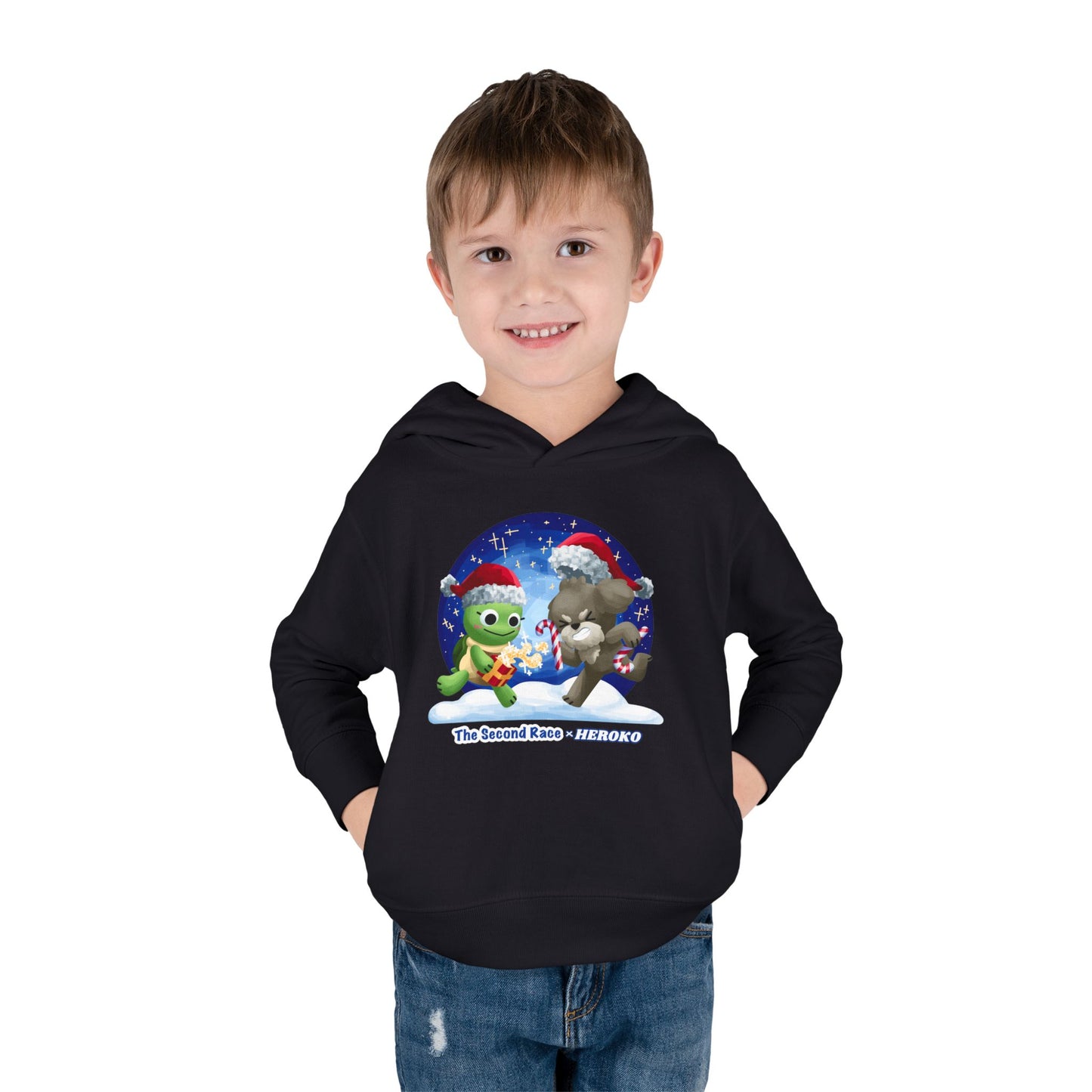 Toddler Pullover Hoodie - The Second Race: Turtle and Puppy Snow Globe Christmas Design