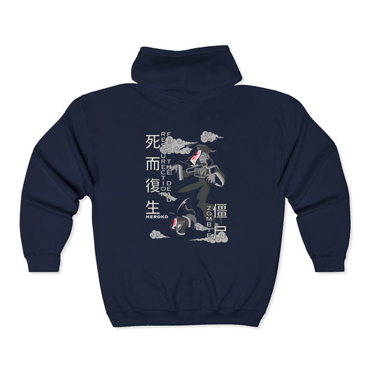 Spooky Unisex Full Zipped Hoodie, Chinese Ancient Zombies B&W Design on Back