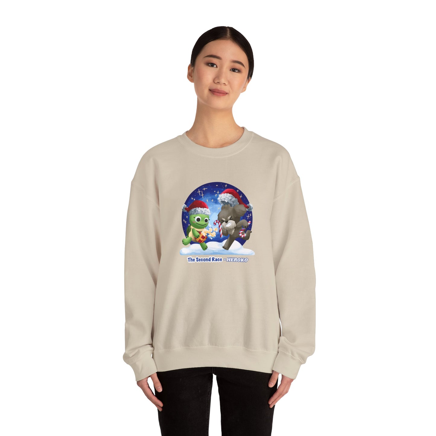 Adults Holiday Crewneck Sweatshirt — Festive Friends "The Second Race" Snow Globe Design
