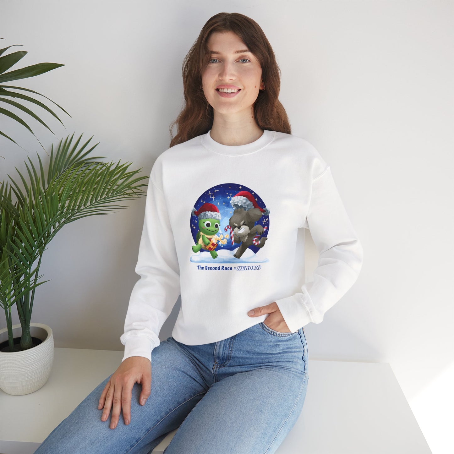 Adults Holiday Crewneck Sweatshirt — Festive Friends "The Second Race" Snow Globe Design