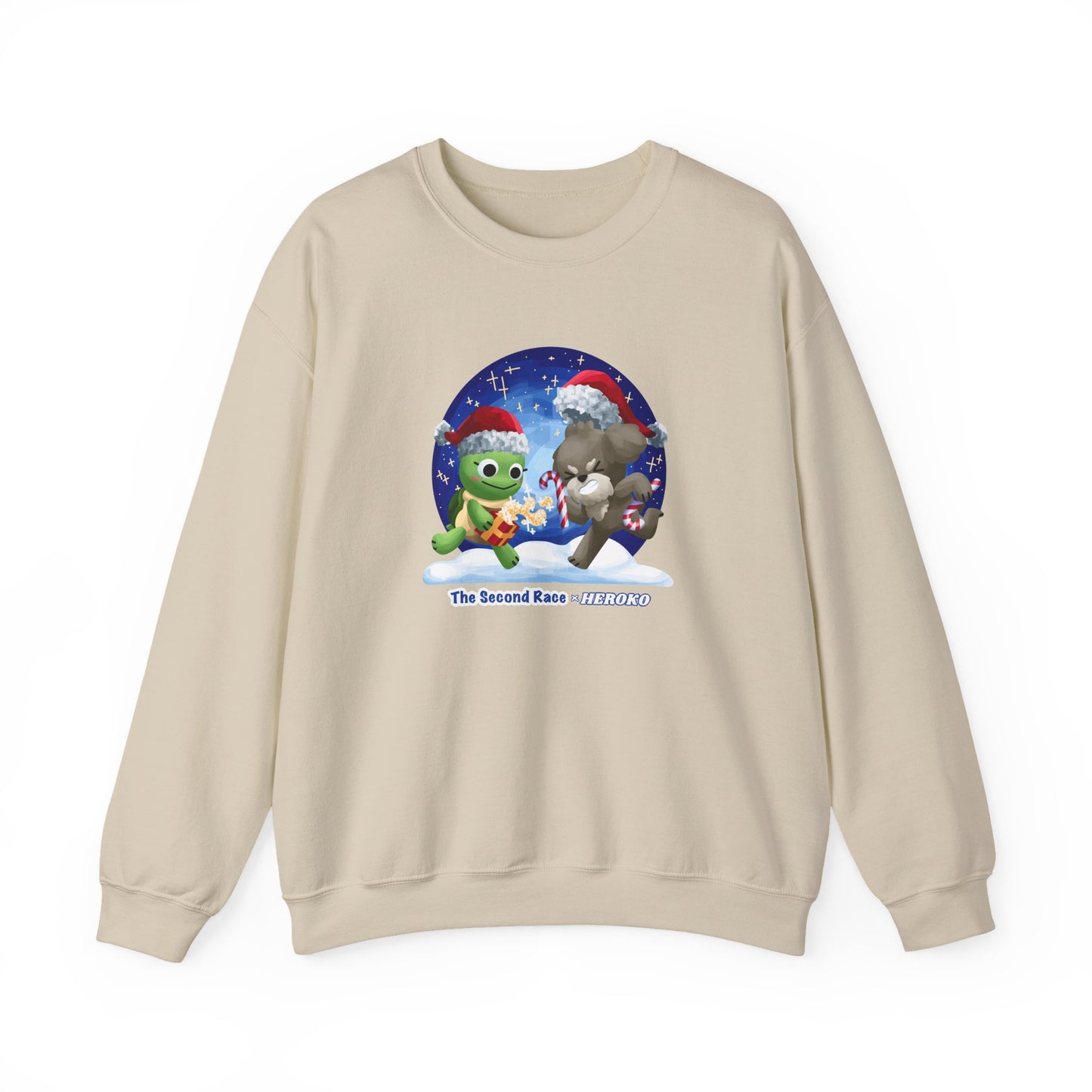 Adults Holiday Crewneck Sweatshirt — Festive Friends "The Second Race" Snow Globe Design