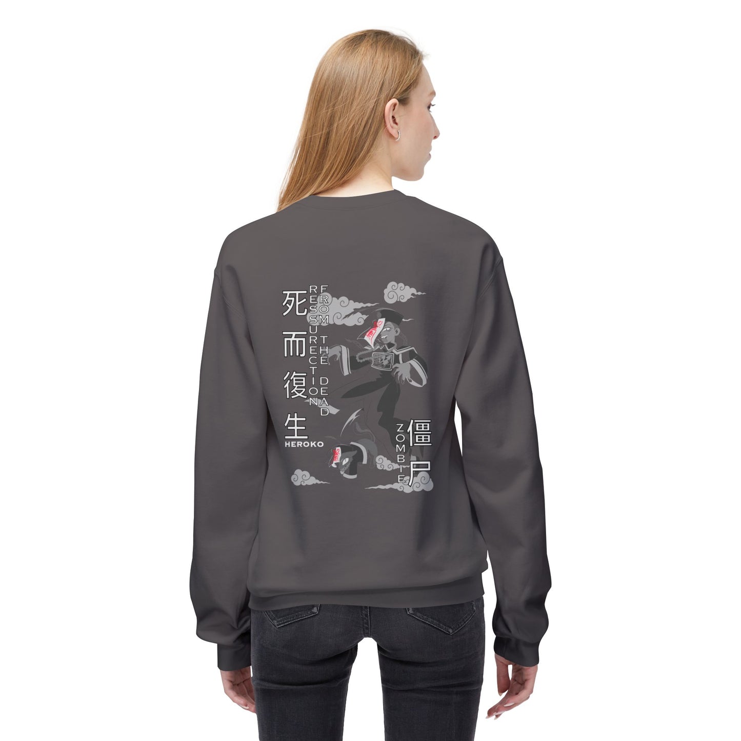 Spooky Unisex Crewneck Sweatshirt, Chinese Ancient Zombies B&W Design on Back