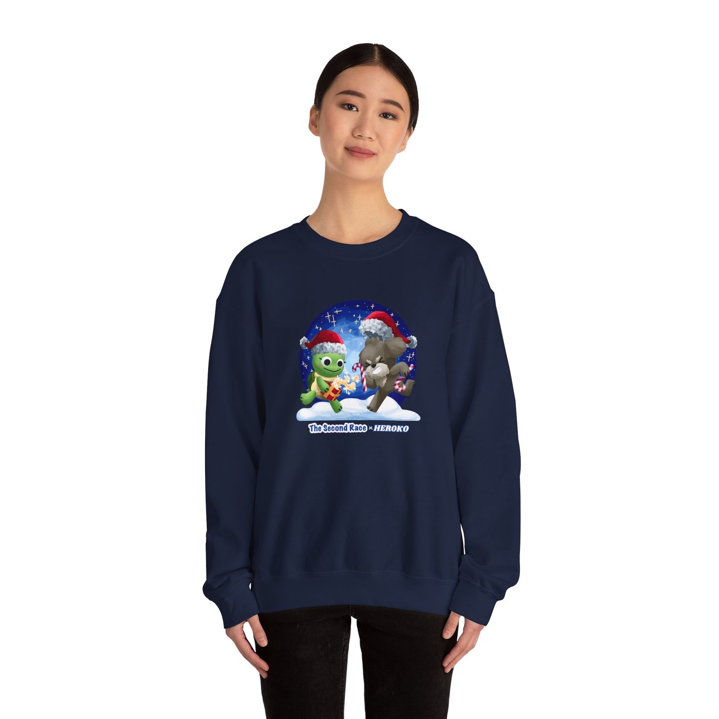 Adults Holiday Crewneck Sweatshirt — Festive Friends "The Second Race" Snow Globe Design