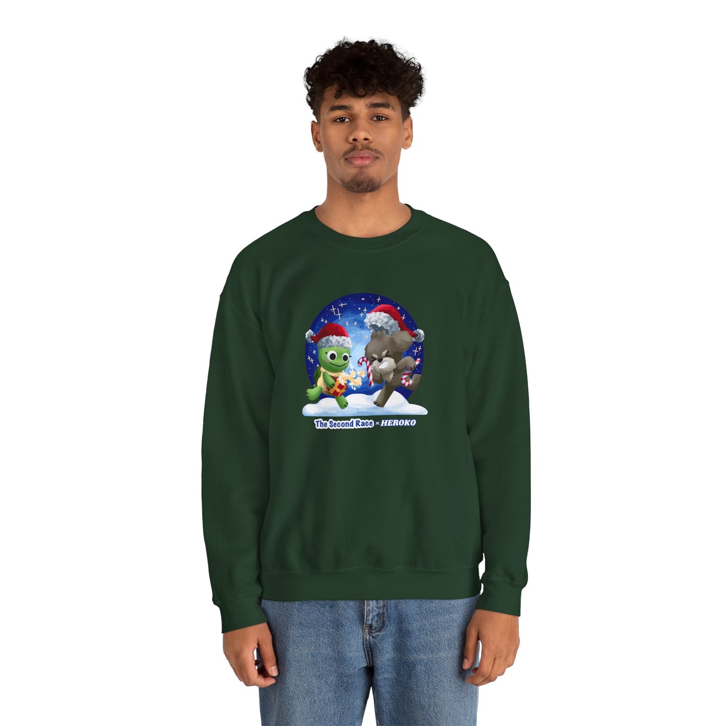 Adults Holiday Crewneck Sweatshirt — Festive Friends "The Second Race" Snow Globe Design