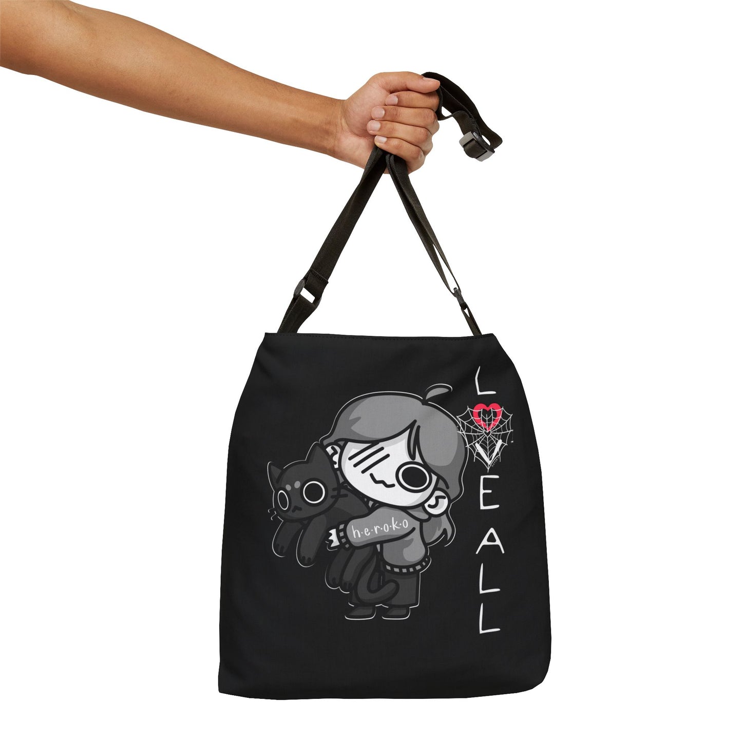 LOVE ALL CAT AND SPIDER WEB BLACK Adjustable Tote Bag