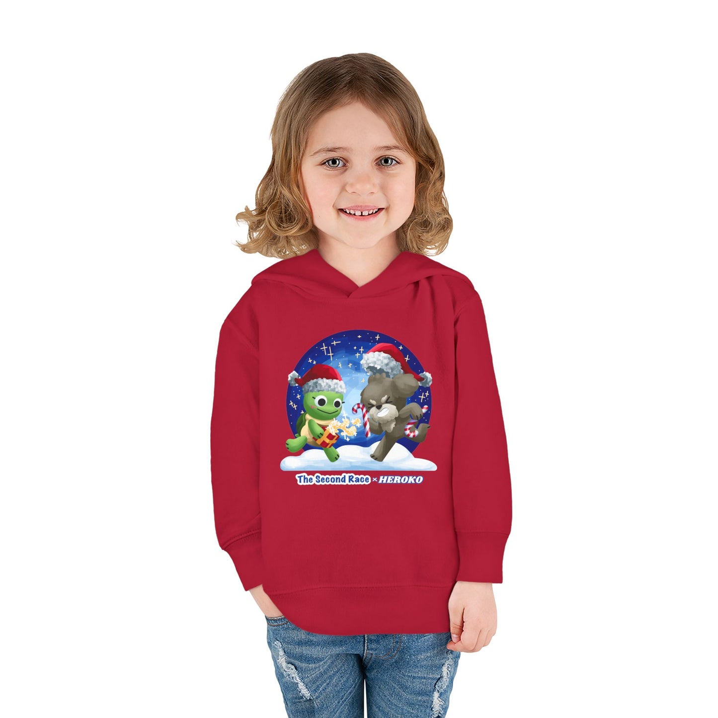 Toddler Pullover Hoodie - The Second Race: Turtle and Puppy Snow Globe Christmas Design
