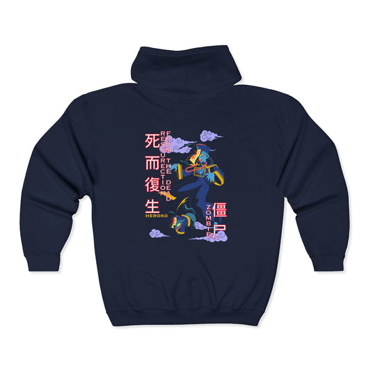 Spooky Unisex Full Zipped Hoodie, Chinese Ancient Zombies Design on Back