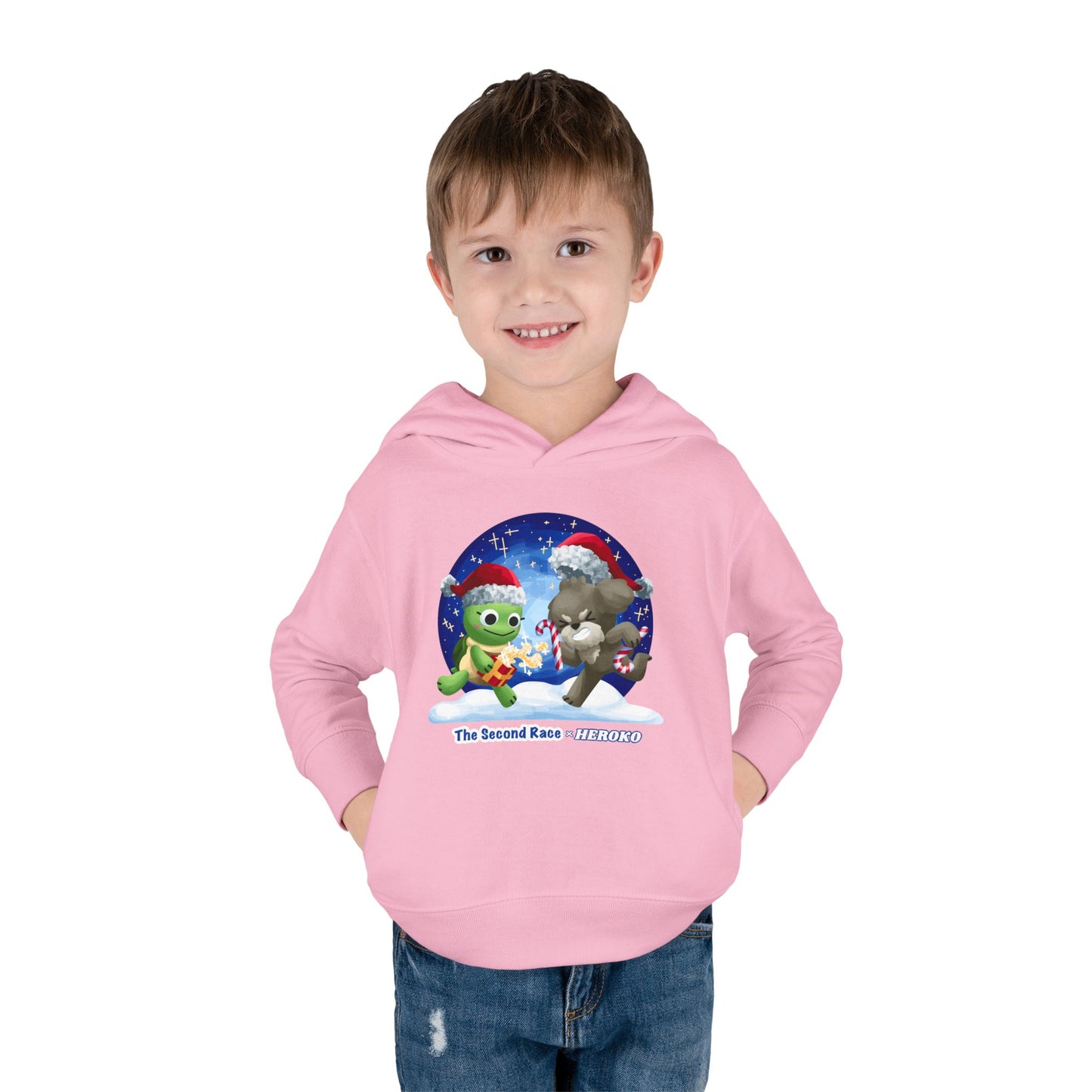 Toddler Pullover Hoodie - The Second Race: Turtle and Puppy Snow Globe Christmas Design