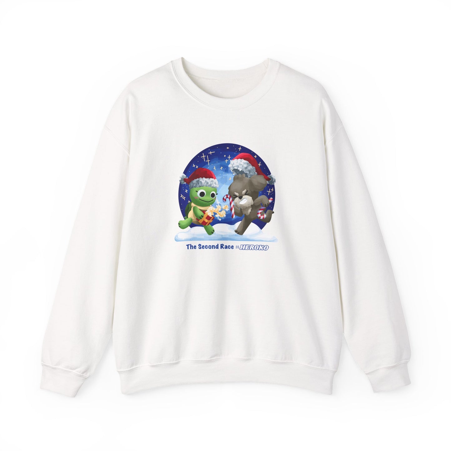 Adults Holiday Crewneck Sweatshirt — Festive Friends "The Second Race" Snow Globe Design