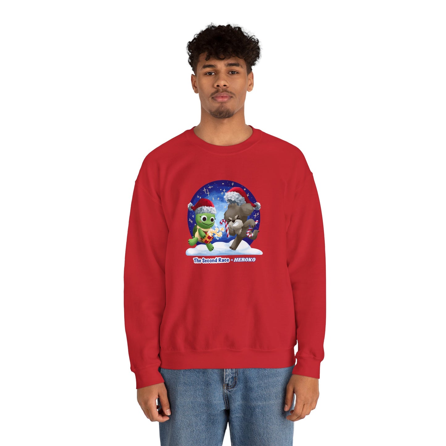 Adults Holiday Crewneck Sweatshirt — Festive Friends "The Second Race" Snow Globe Design