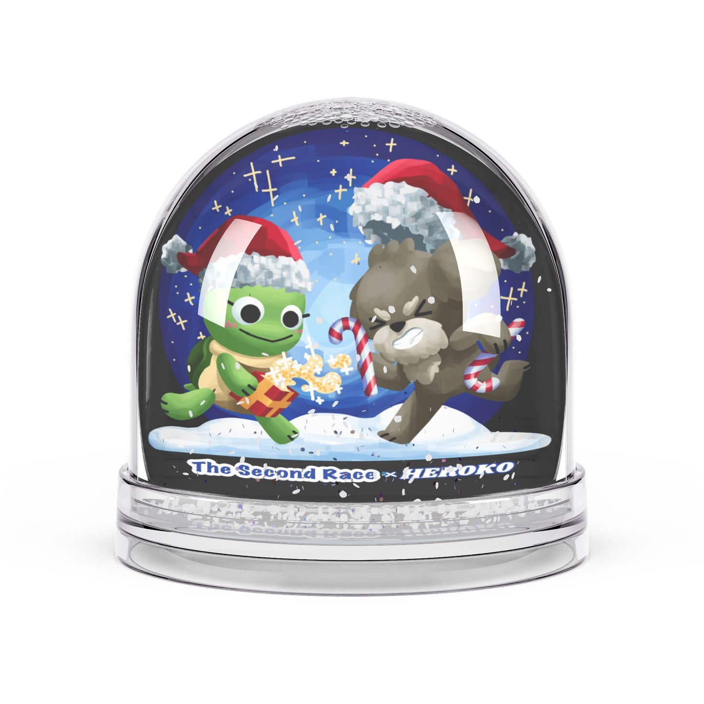 Holidays Snow Globe — Cute Turtle and Puppy in Santa Hats with Candy Cane Scene