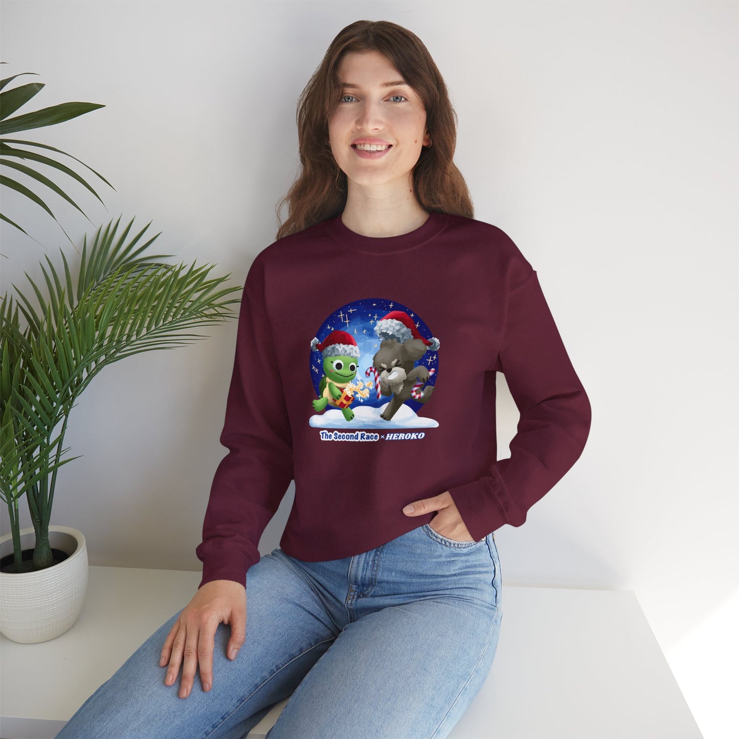 Adults Holiday Crewneck Sweatshirt — Festive Friends "The Second Race" Snow Globe Design