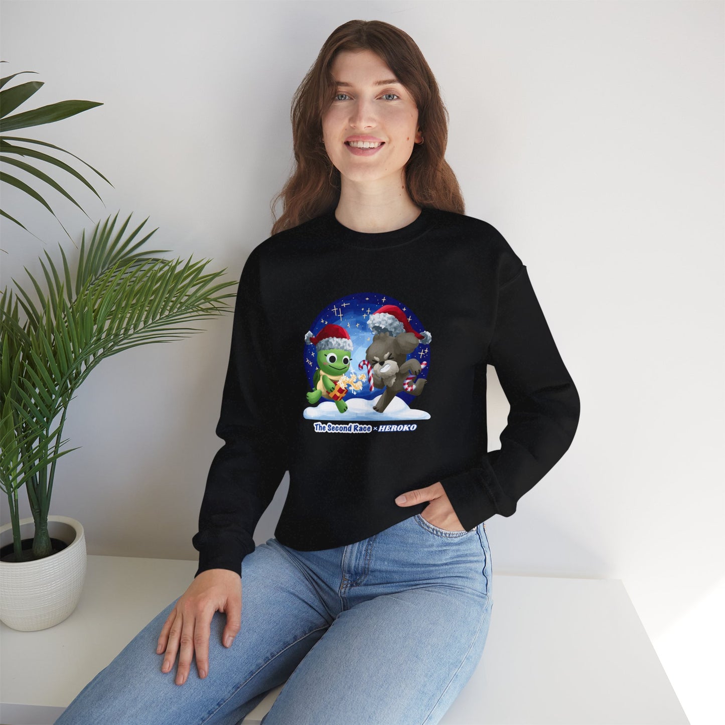 Adults Holiday Crewneck Sweatshirt — Festive Friends "The Second Race" Snow Globe Design