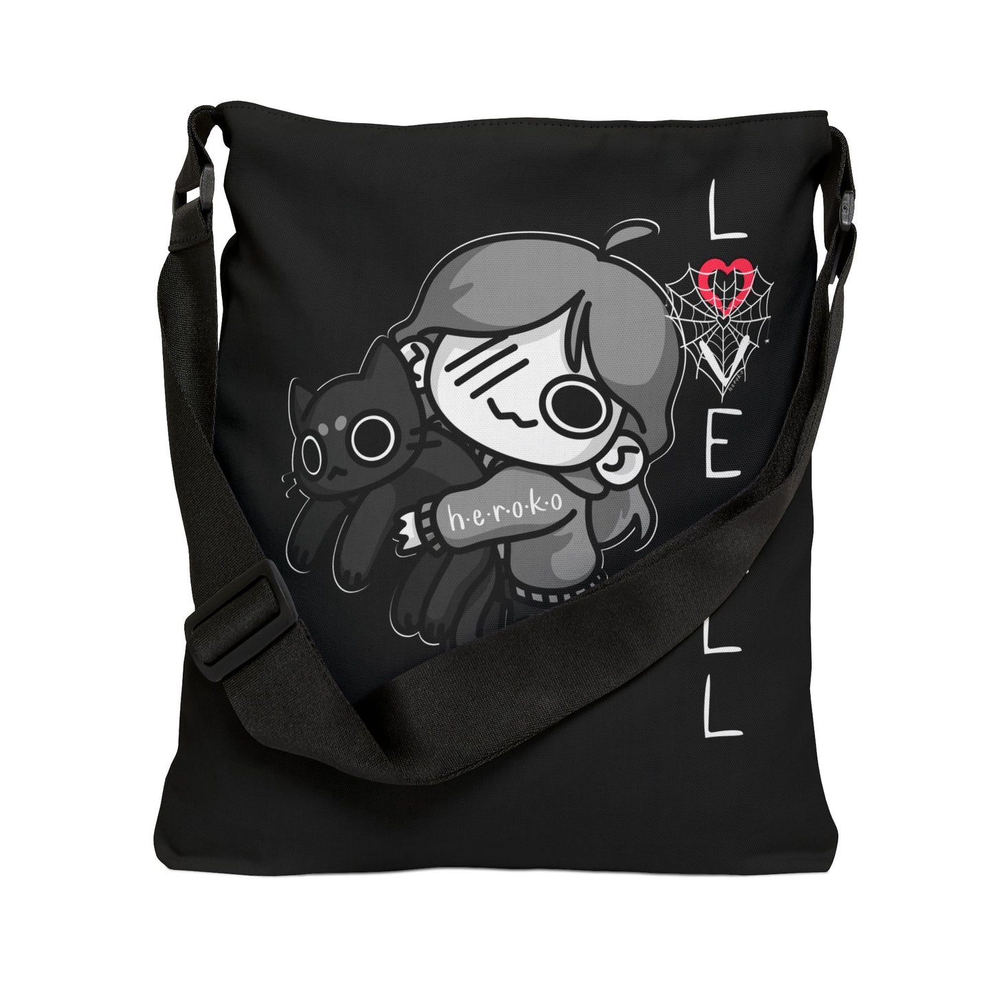 LOVE ALL CAT AND SPIDER WEB BLACK Adjustable Tote Bag