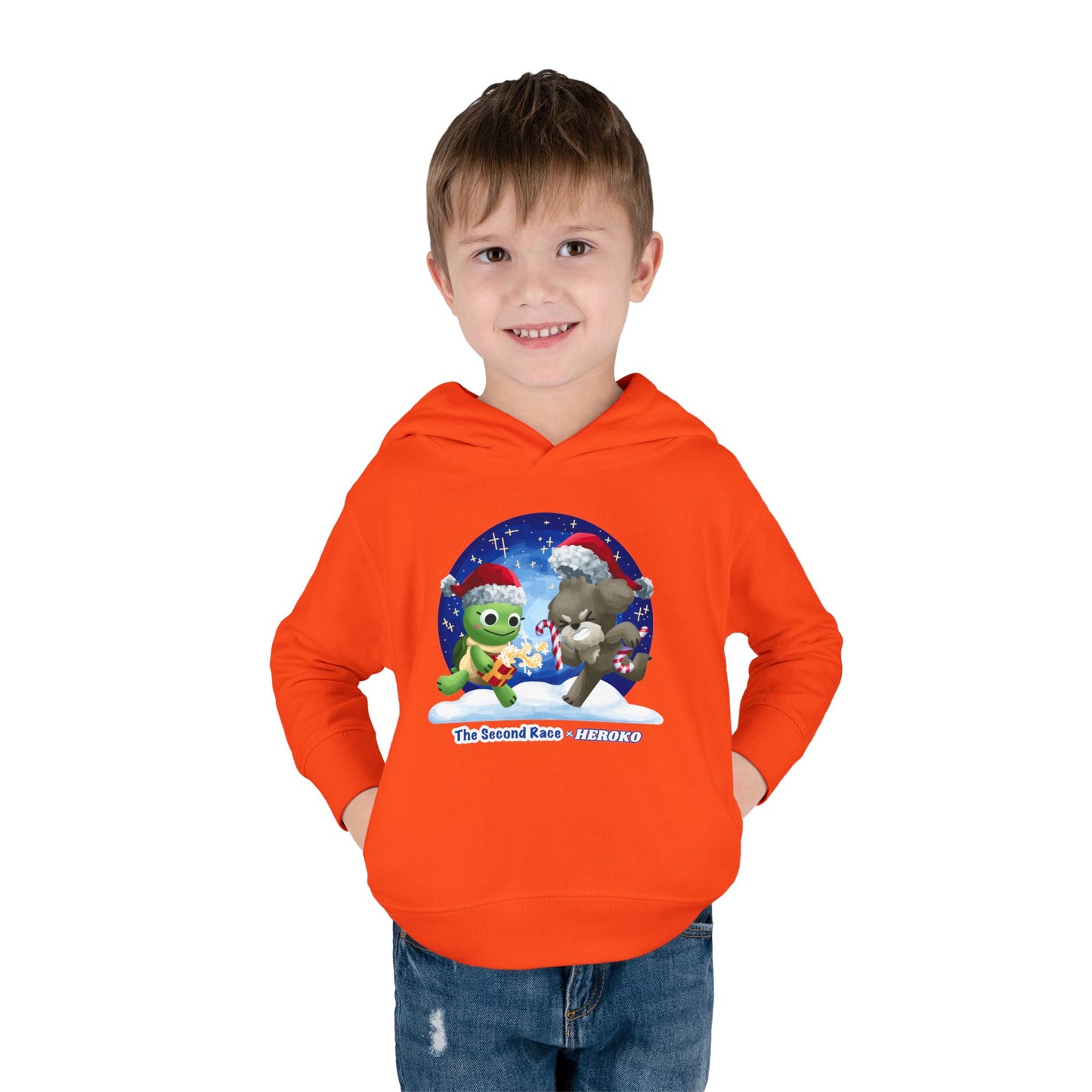 Toddler Pullover Hoodie - The Second Race: Turtle and Puppy Snow Globe Christmas Design